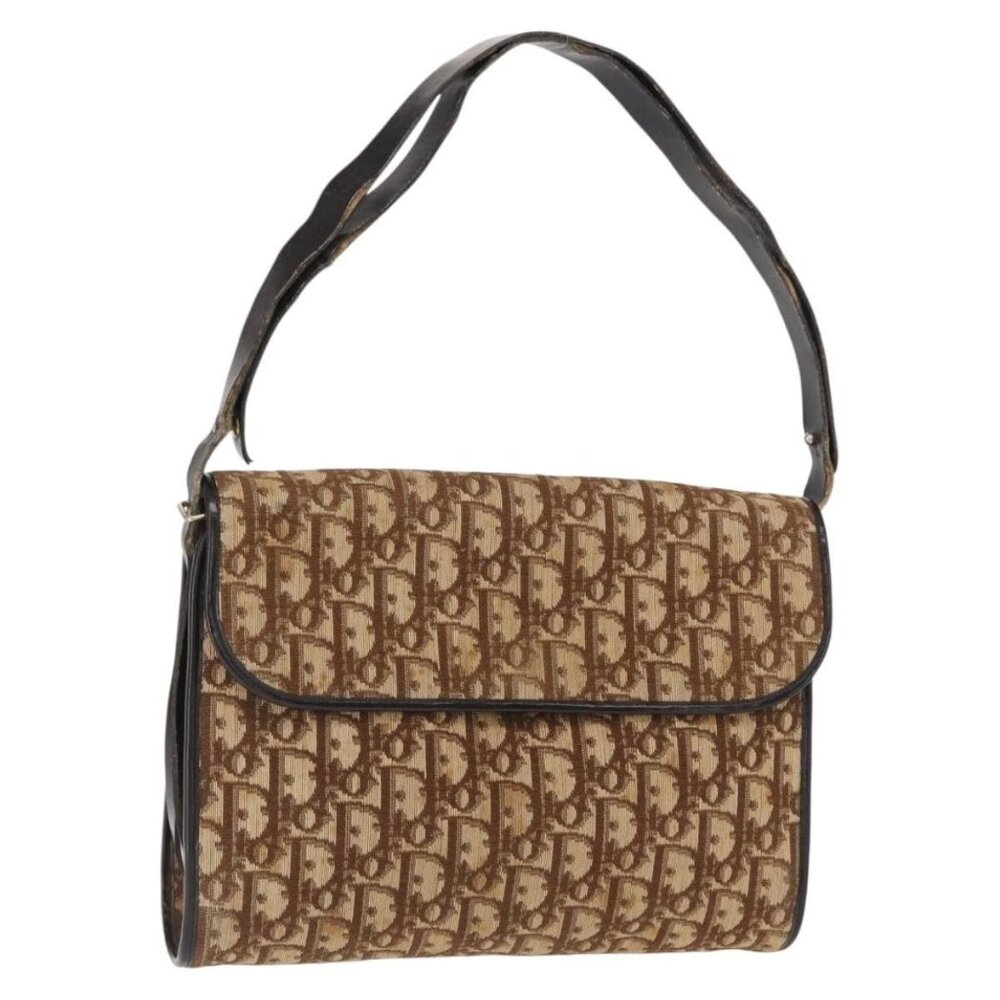 Authentic Christian Dior Trotter Canvas Shoulder Bag Beige Gold